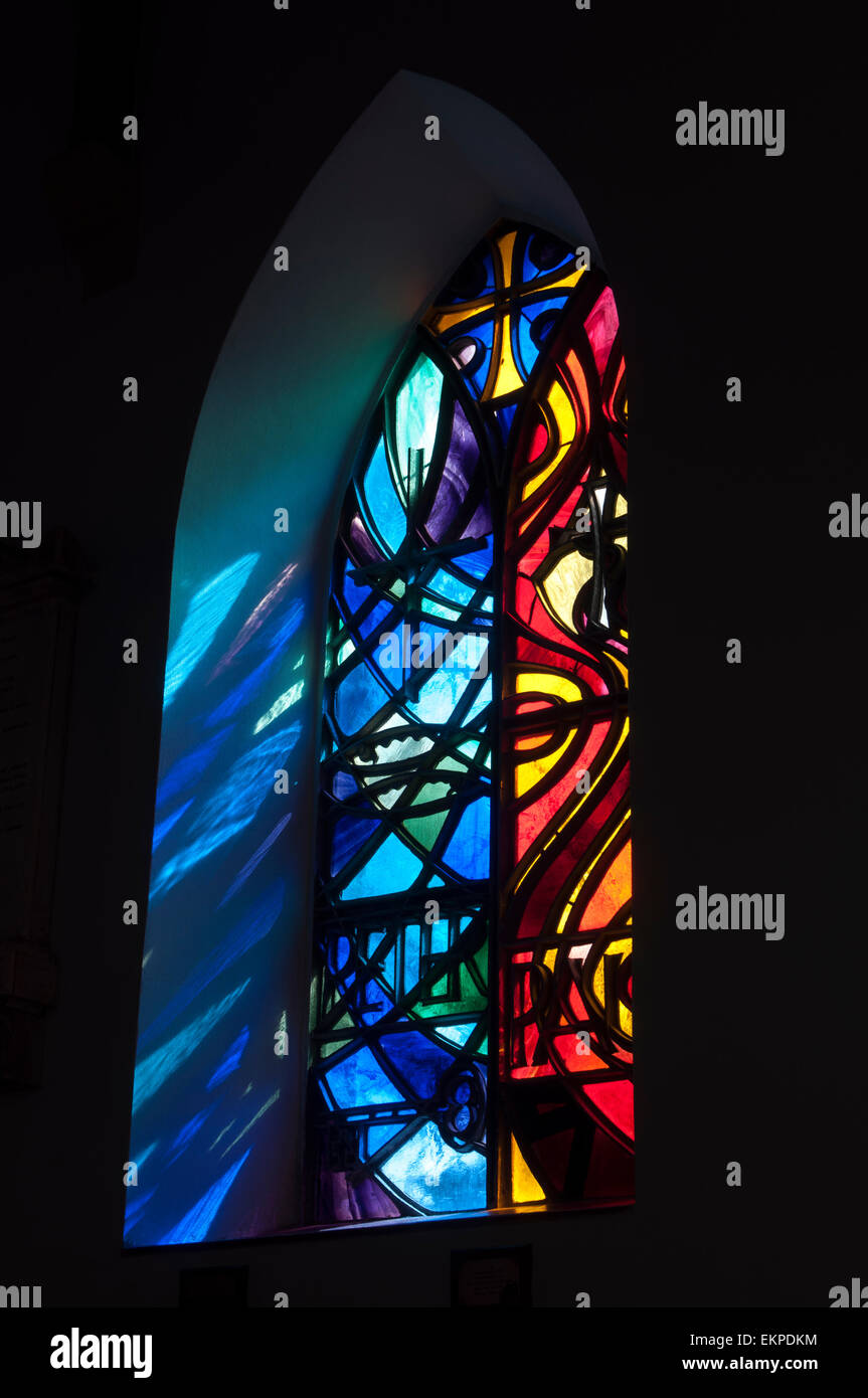 Modern stained glass window in St. Peter`s Church, Blaenavon, Torfaen